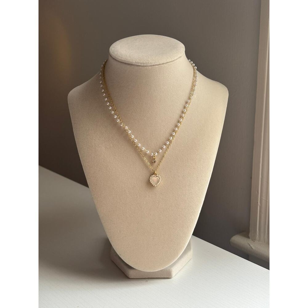 Layered Pearl Necklace Gold Heart Pendant Dainty Elegant Jewelry Gift - Picture 2 of 7